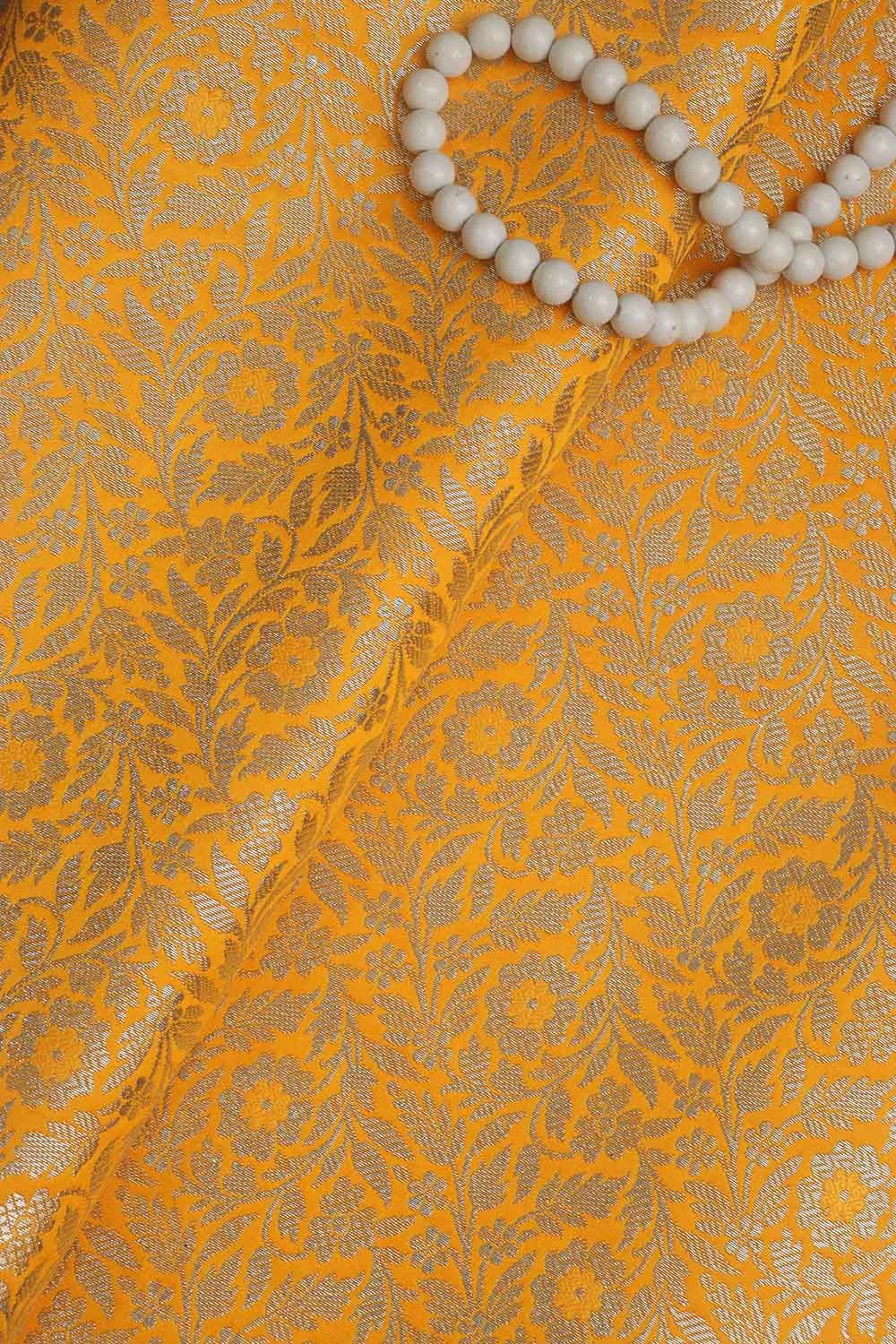 Yellow Banarasi Silk Satin Zari Brocade Fabric (1 Mtr): Luxurious Elegance for Your Creations