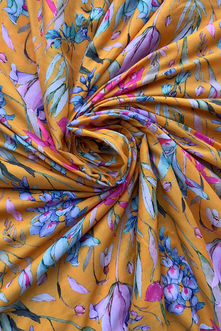 Yellow Botanical Printed Muslin Fabric