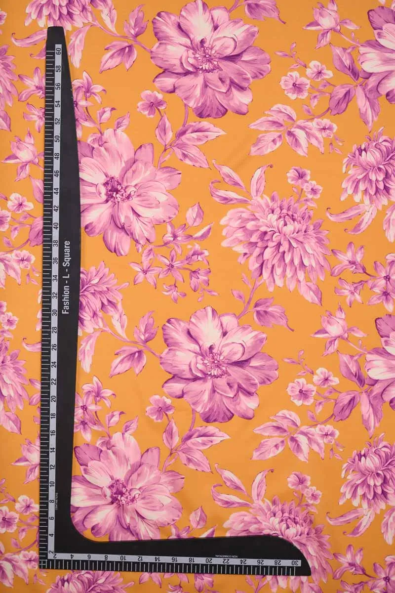 Yellow Pink Floral Pattern Printed Muslin Fabric