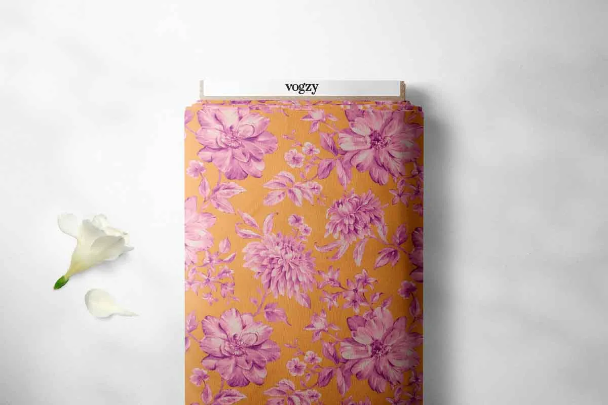 Yellow Pink Floral Pattern Printed Muslin Fabric