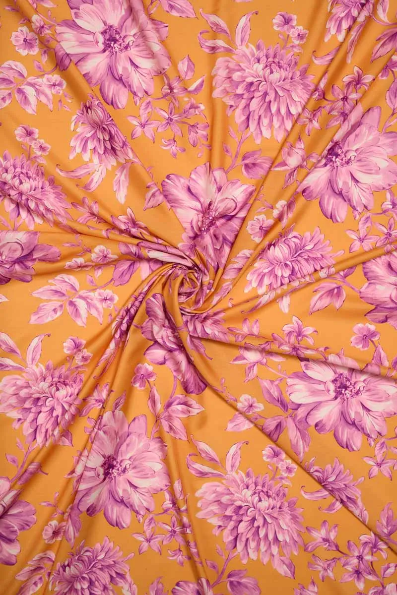 Yellow Pink Floral Pattern Printed Muslin Fabric