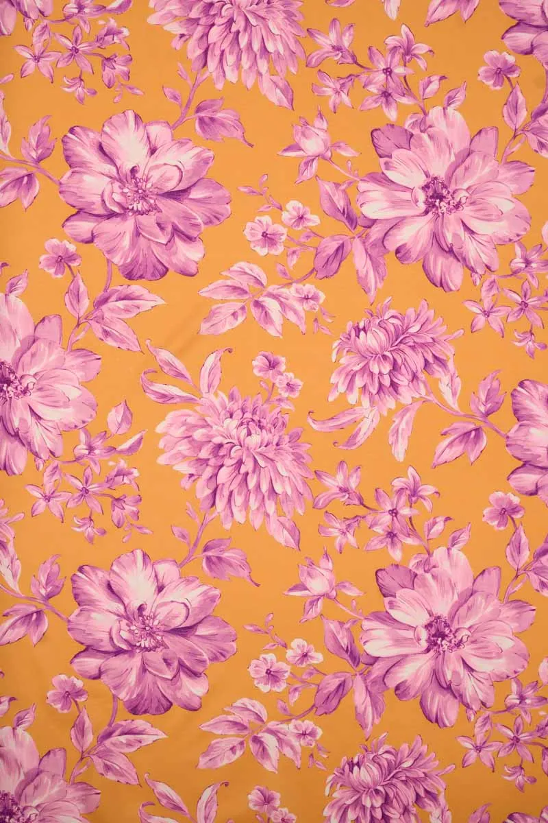 Yellow Pink Floral Pattern Printed Muslin Fabric