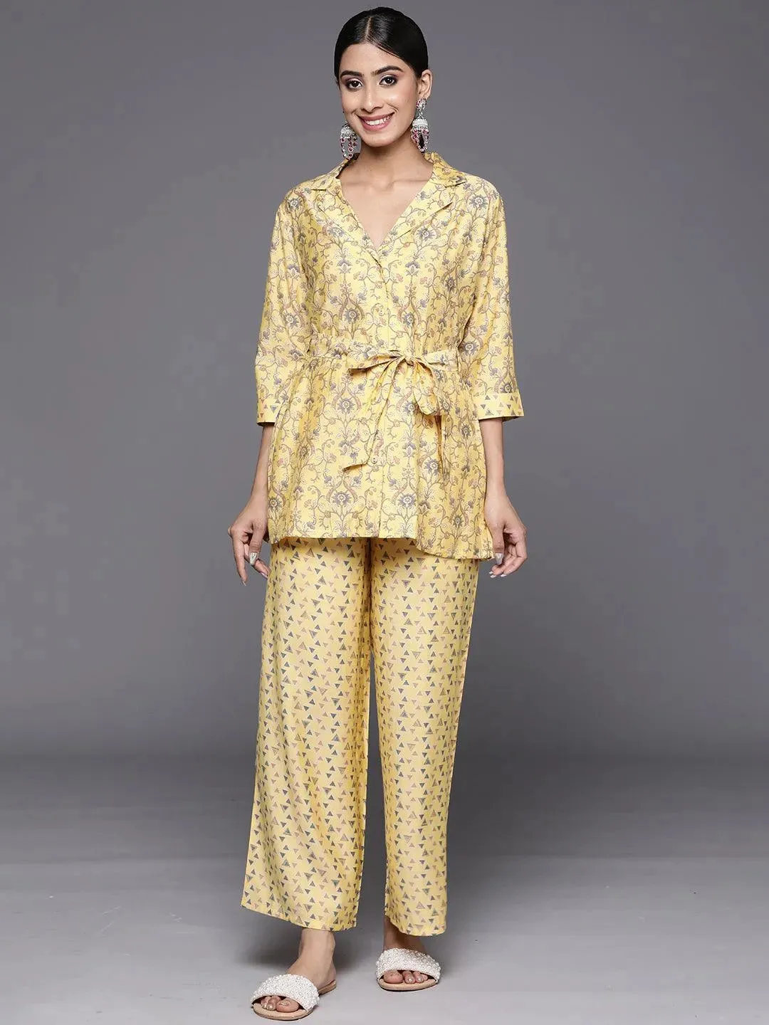 Yellow Printed Silk Blend Shirt With Palazzos