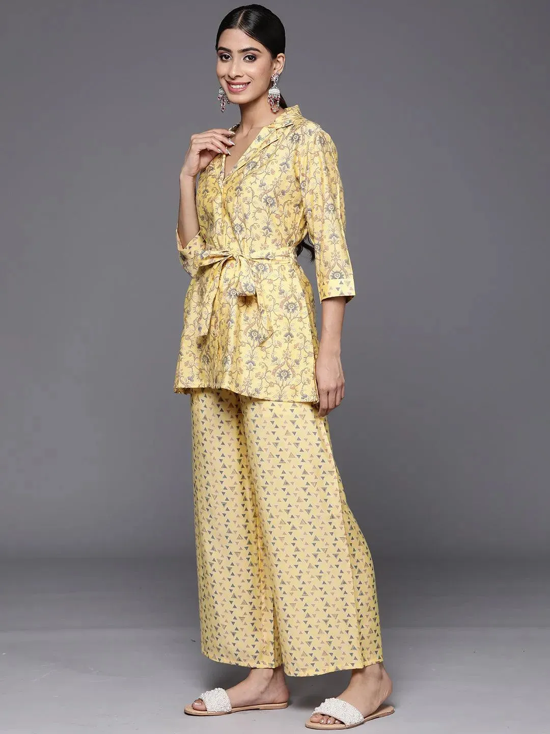 Yellow Printed Silk Blend Shirt With Palazzos